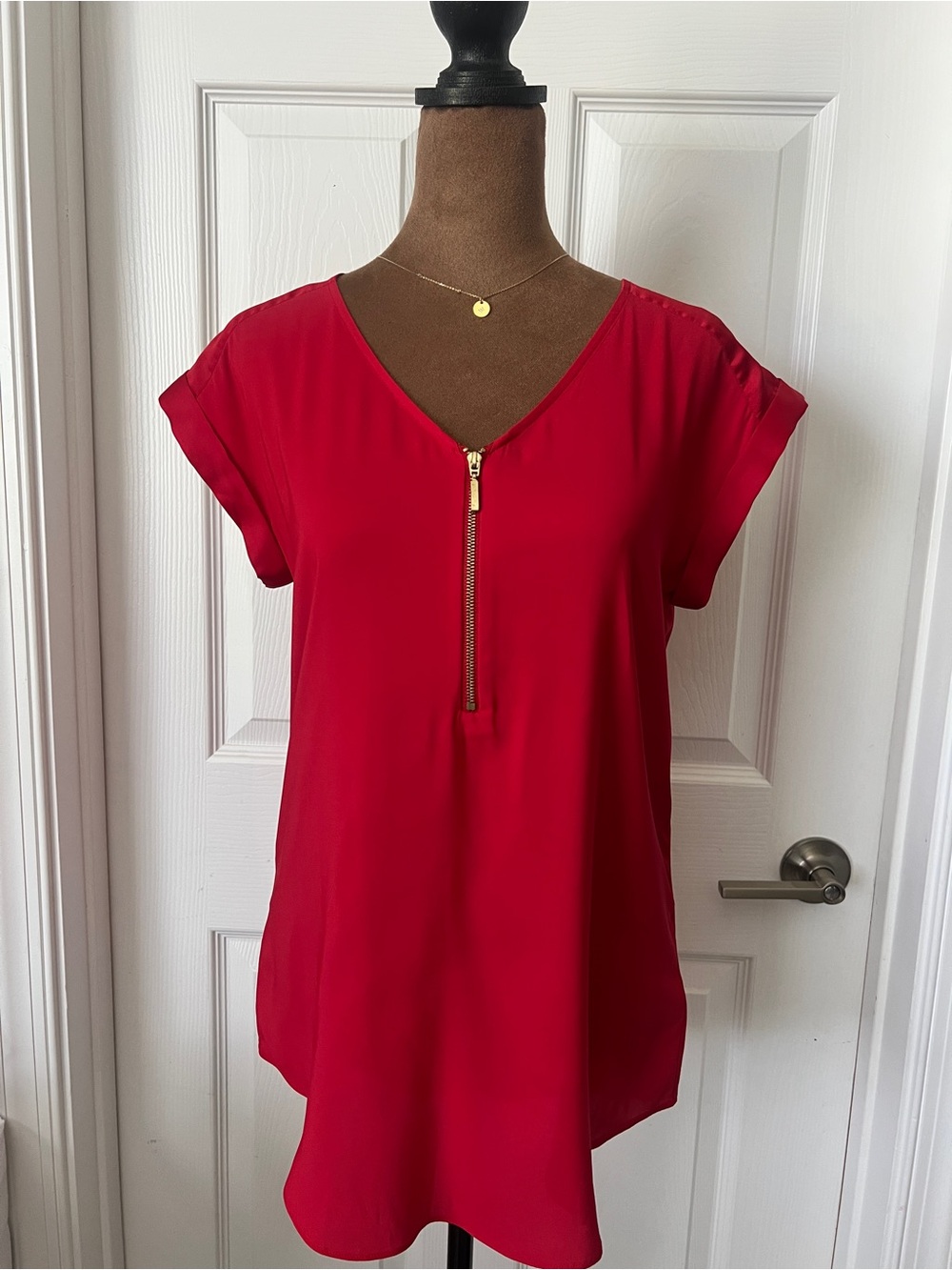 Express Women's Red V-Neck Zip Front Blouse